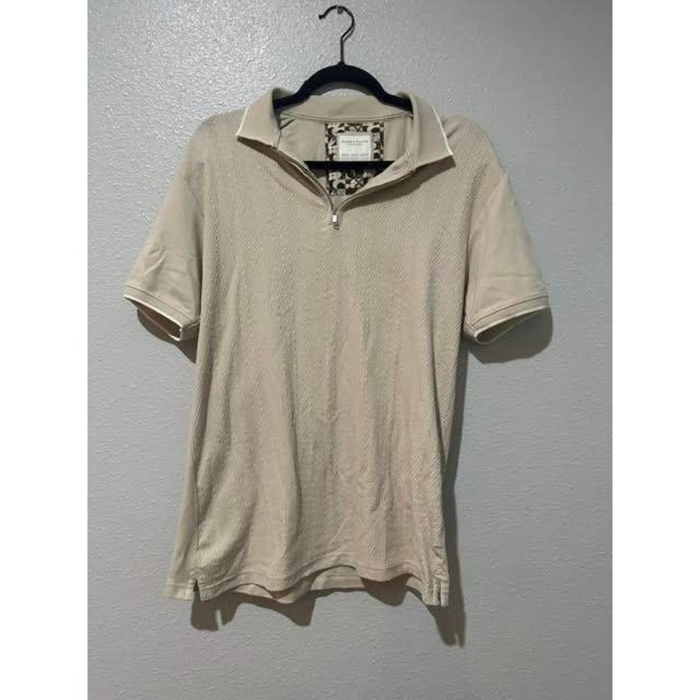 Denim & Flower Ricky Singh Mens Tan Textured Zig Zag Quarter Zip Polo Shirt M